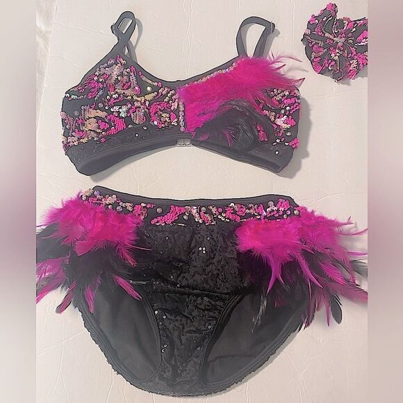 Glamour solo dance costume pink black Feather embellished leotard 2 piece XLC - Picture 3 of 12